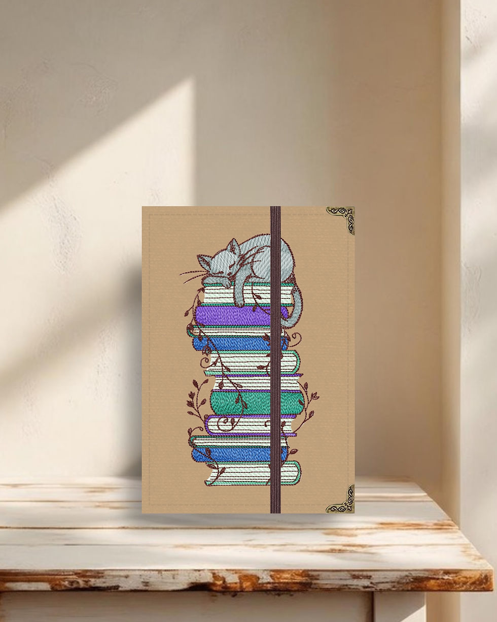 Miniatura: Capa para Kindle em tecido estruturado gato pilha de livros fundo bege avelã