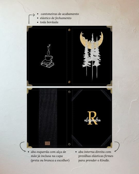 Miniatura: Capa para Kindle em tecido preto com bordado de silhuetas de árvores sob a luz do luar e acabamento artesanal.