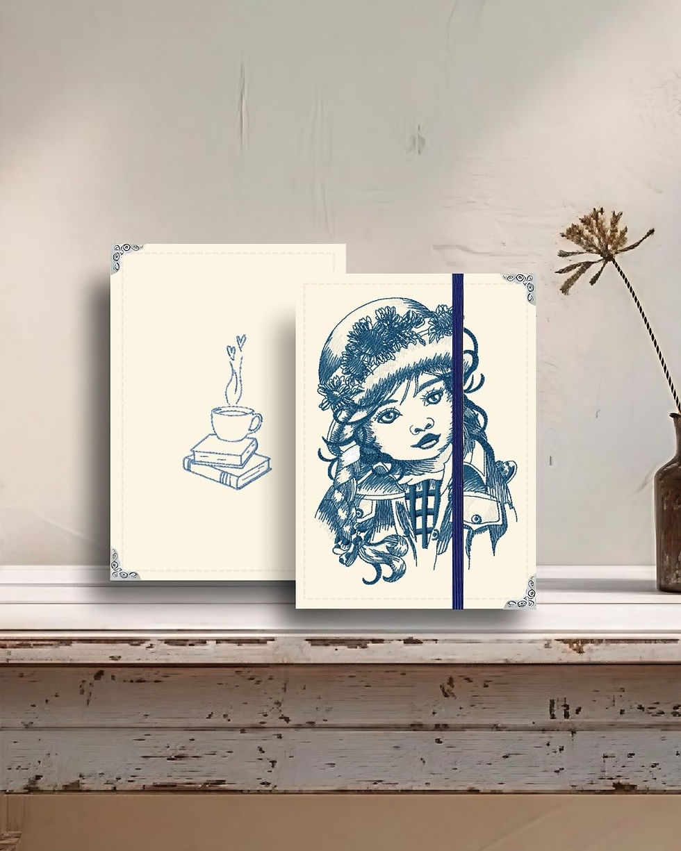 Capa para Kindle em tecido palha com bordado de menina em estilo retrô e proteção artesanal.