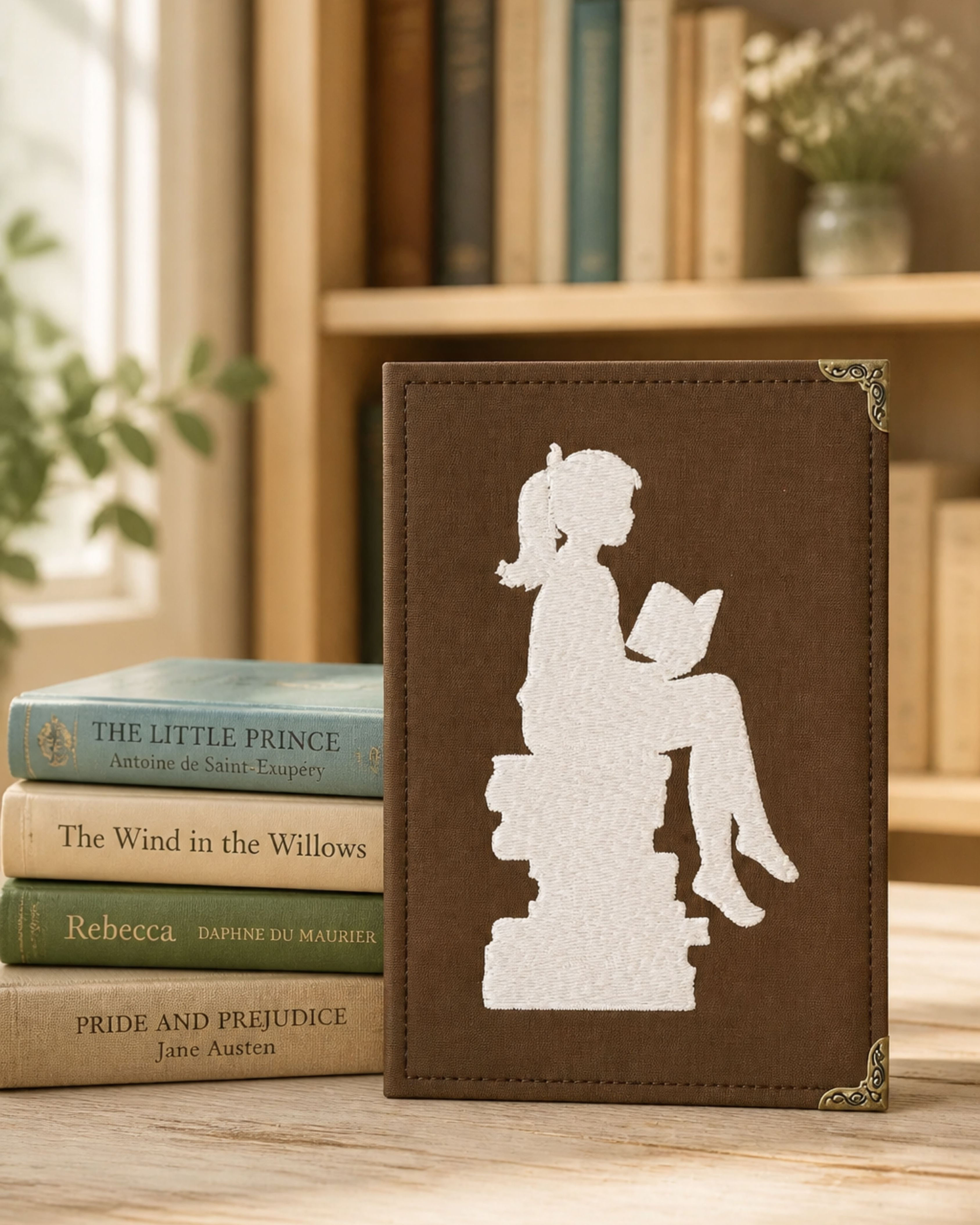 Capa Kindle Sentada nos Livros com bordado de jovem lendo sobre pilha de livros