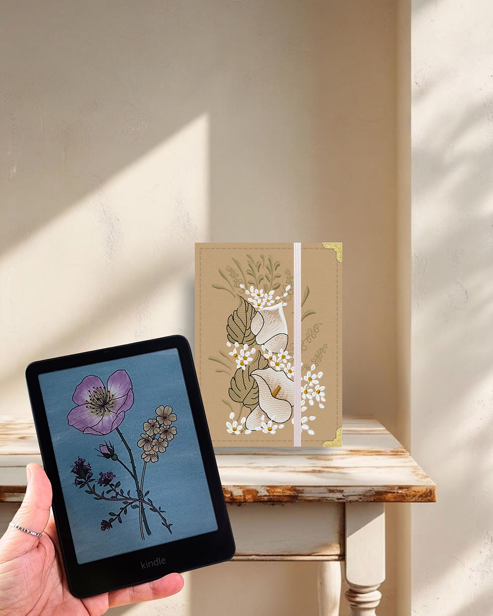 Capa Kindle Flor Copo-de-Leite ao lado do Kindle, bordado de copo-de-leite