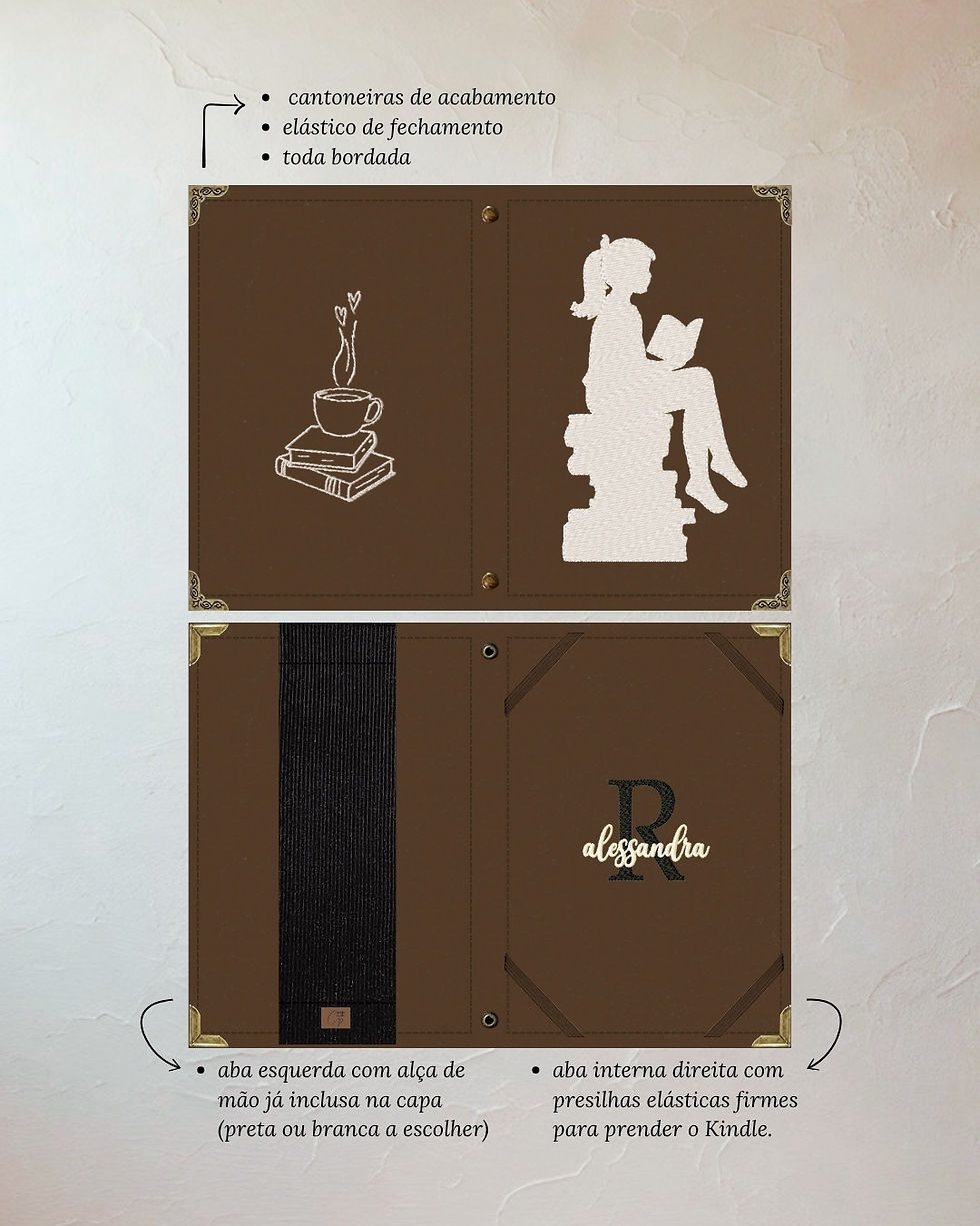 Miniatura: Capa para Kindle em tecido estruturado bordada menina sentada nos livros