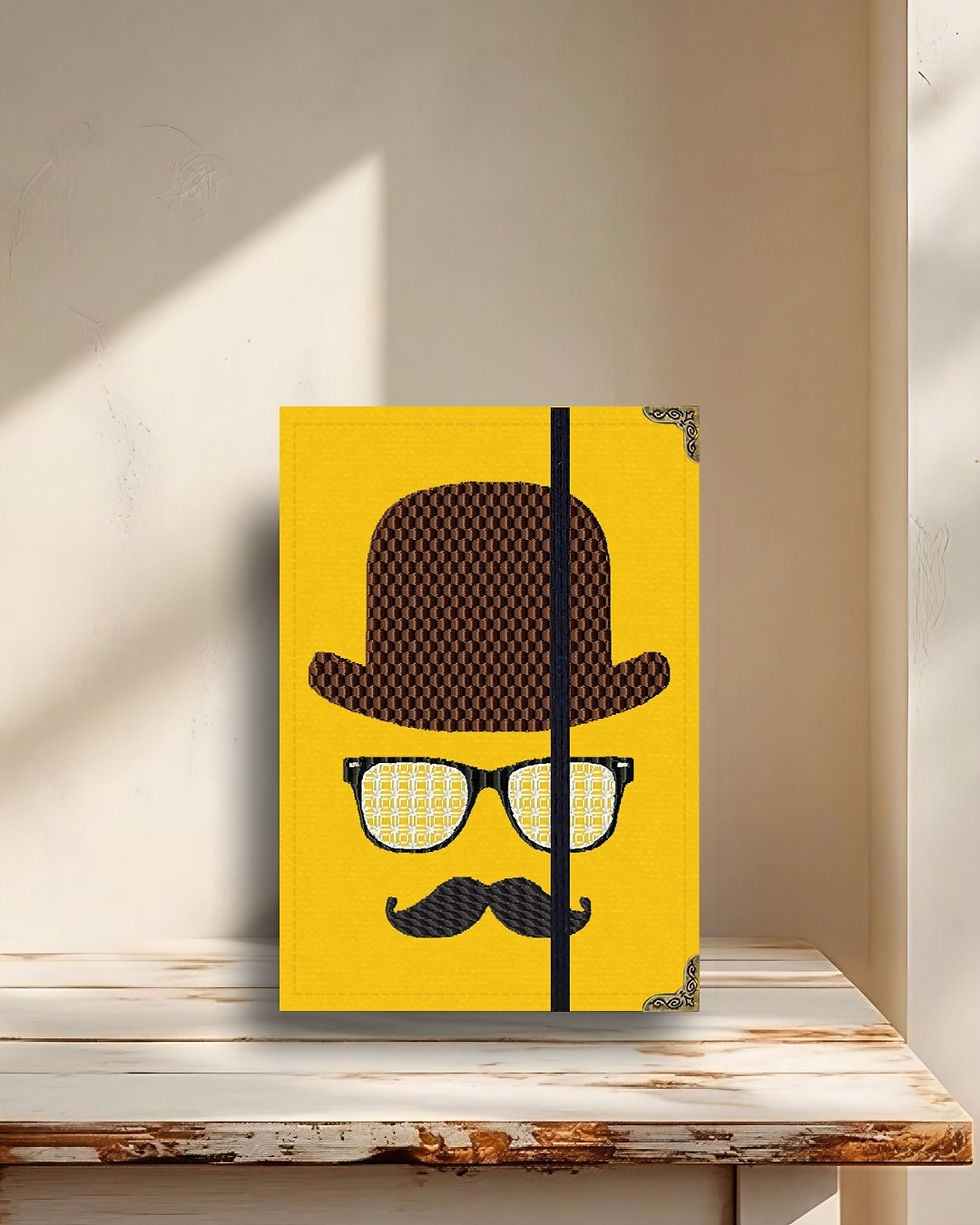 Miniatura: Capa para Kindle em tecido estruturado chapéu, óculos e bigode fundo amarelo ouro