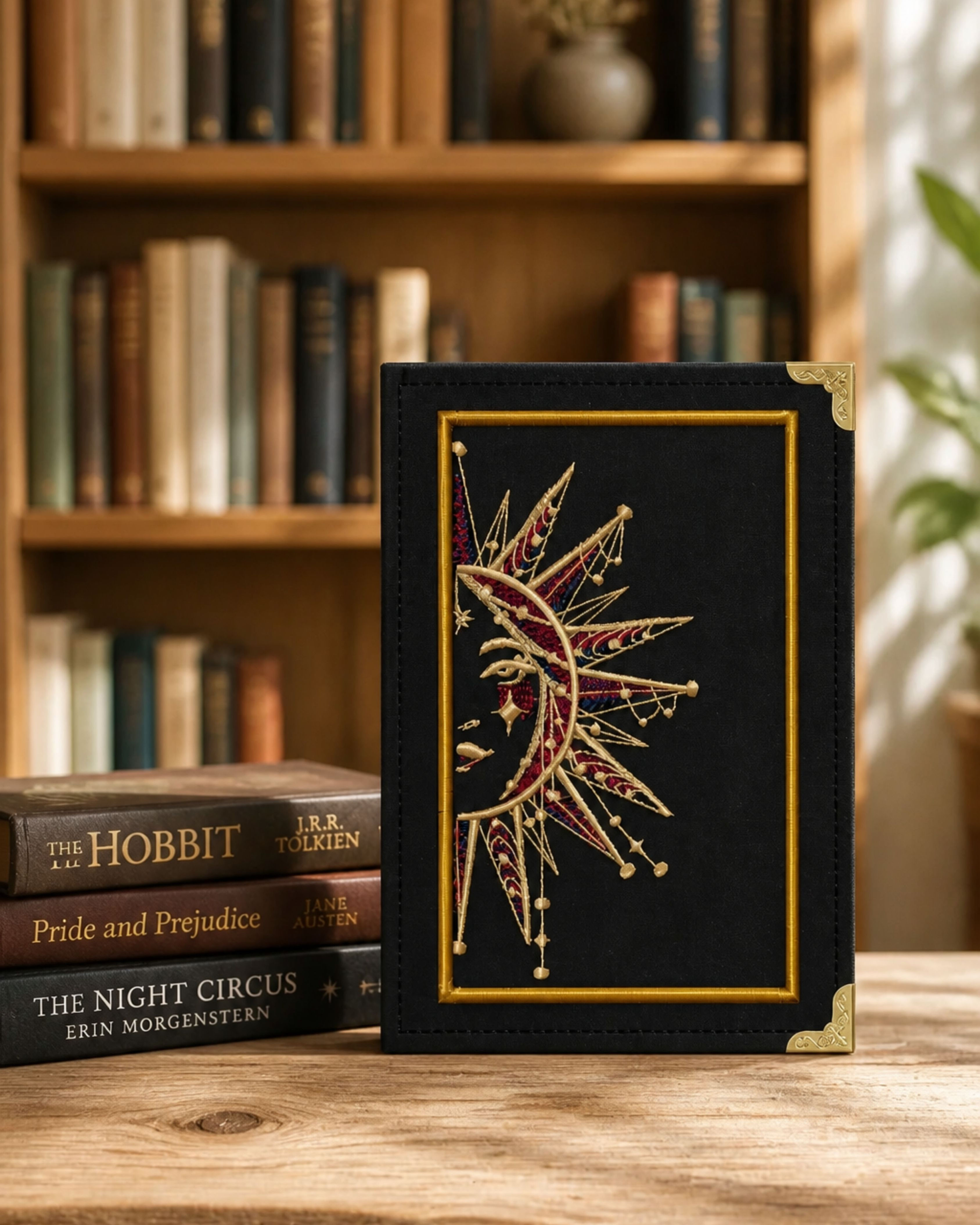 Capa Kindle Mulher Sol com rosto feminino e raios solares bordados em dourado