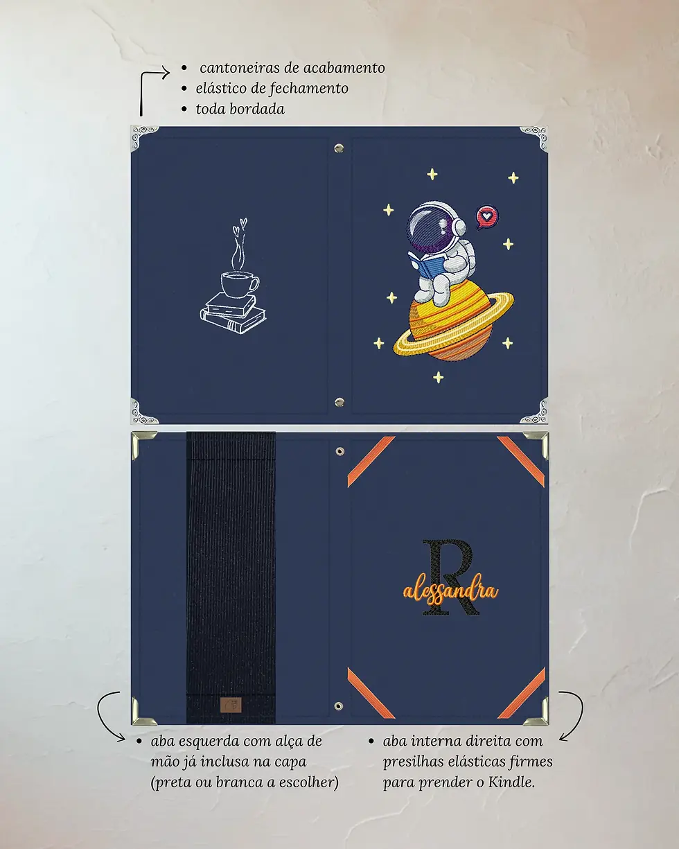 Miniatura: Capa para Kindle em tecido com bordado de um astronauta sentado em Saturno lendo um livro.
