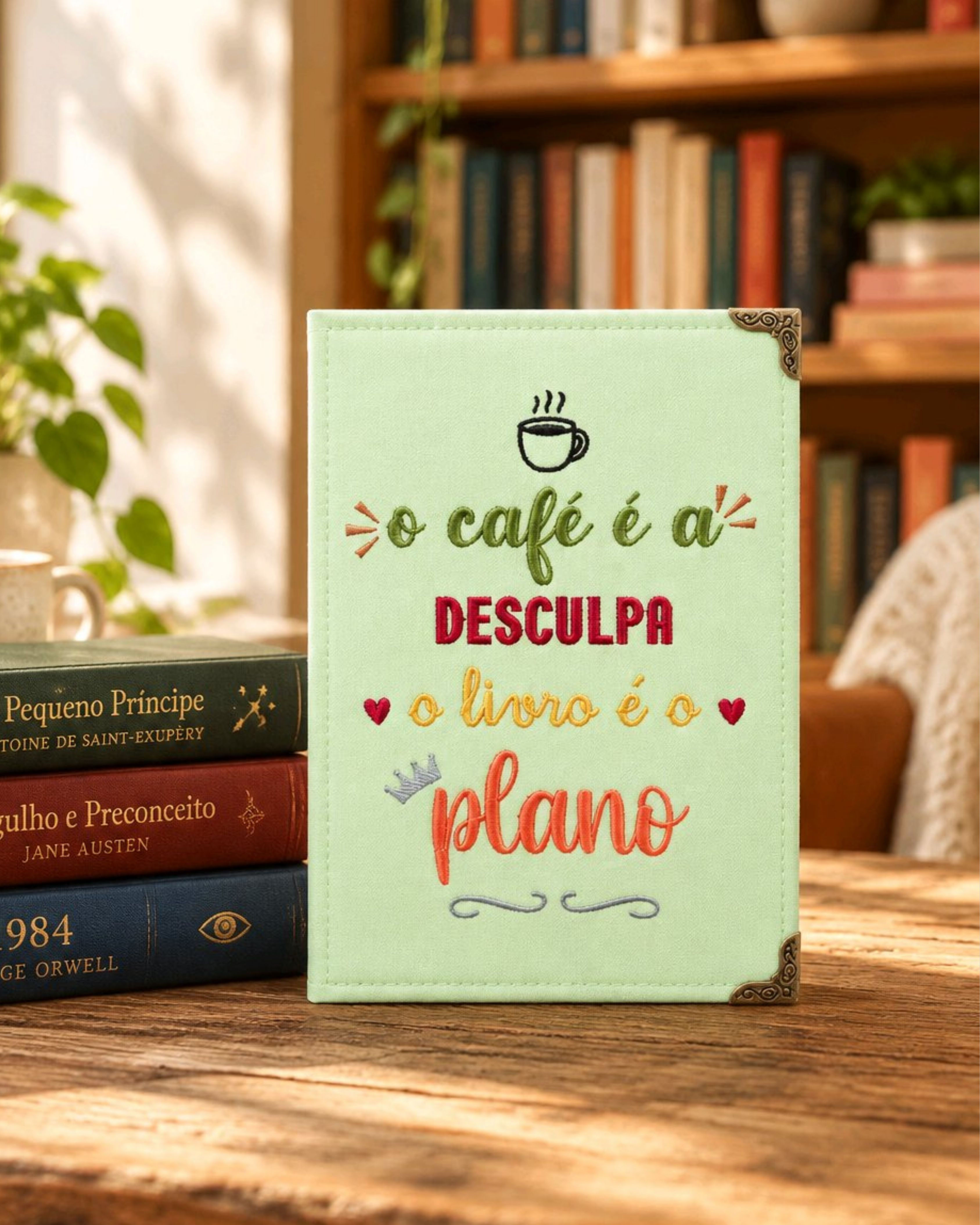 Capa de Kindle em tecido Verde Chá com a frase O café é a desculpa, o livro é o plano bordada, ao lado d