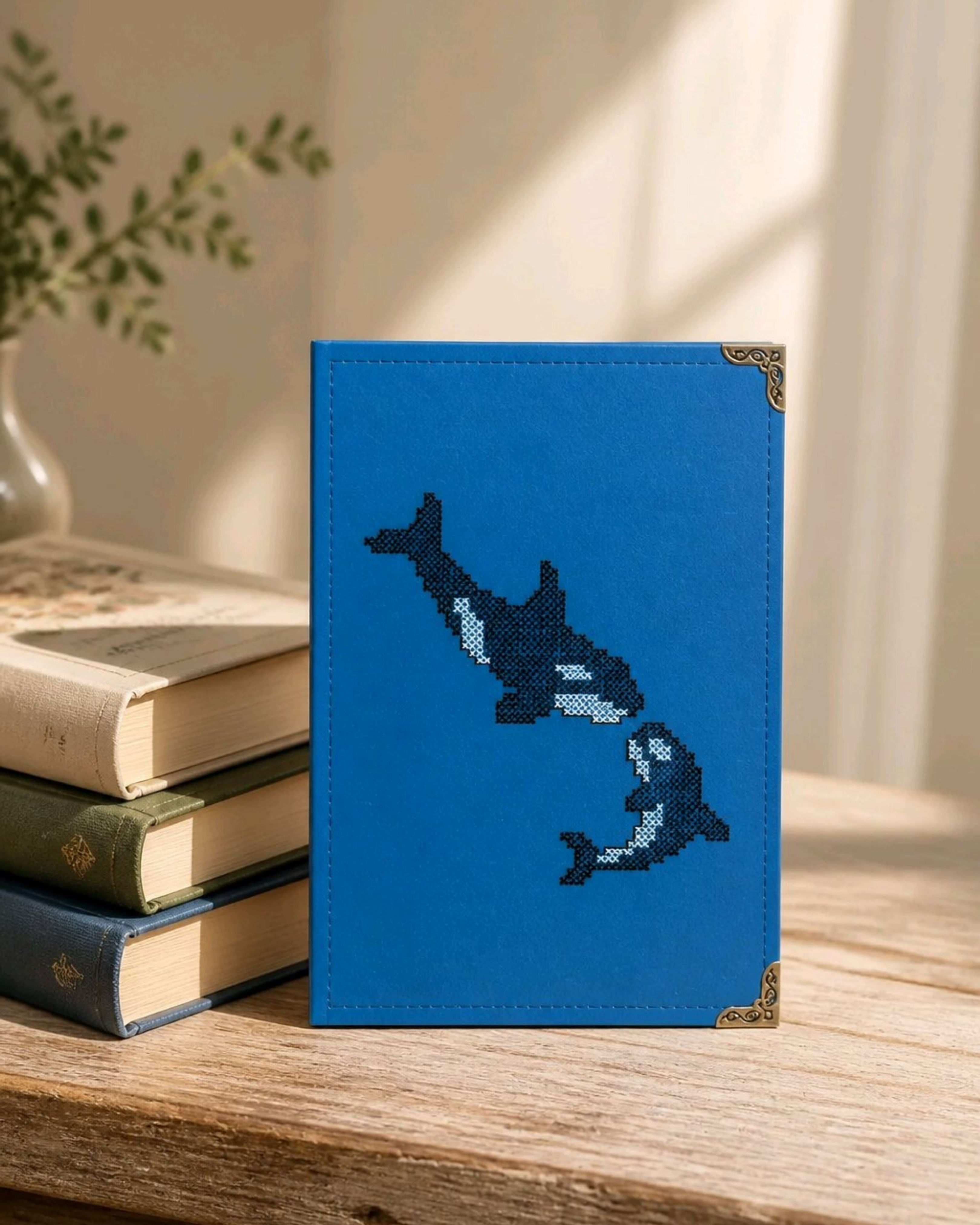 Capa Kindle azul bordada com duas baleias em ponto cruz em cima de mesa clara e ao lado de livros empilhados