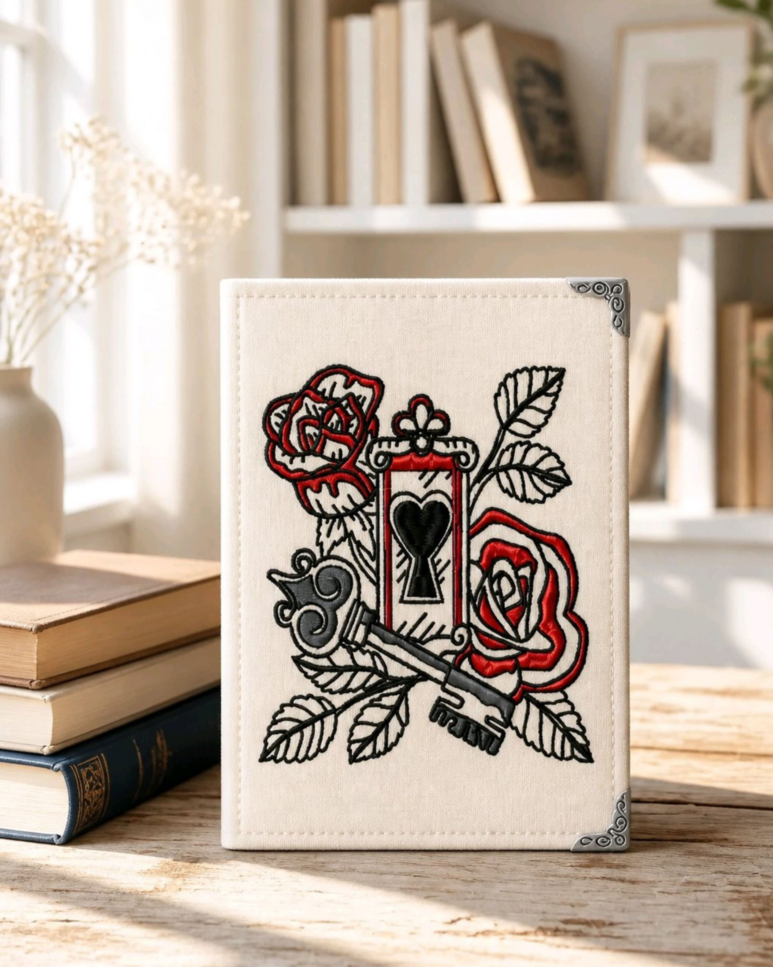 Capa Kindle bege bordada com chave, fechadura coração e rosas vermelhas, estilo old school