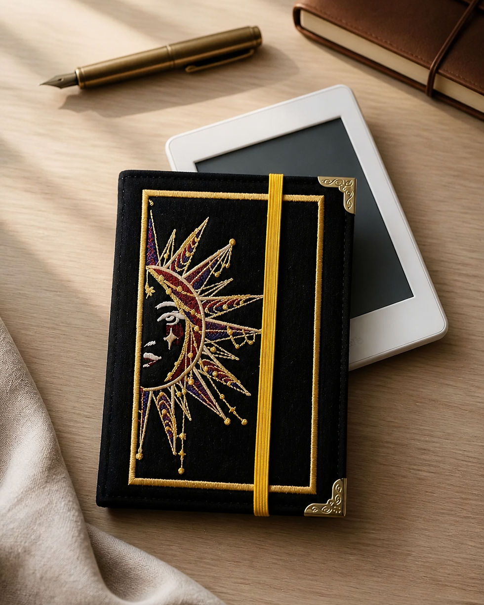 Capa para Kindle em tecido estruturado com bordado Mulher Sol