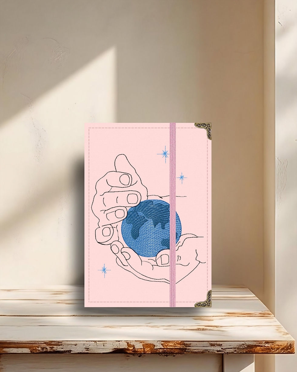 Miniatura: Capa Kindle em tecido estruturado mãos segurando o mundo fundo rosa quartz