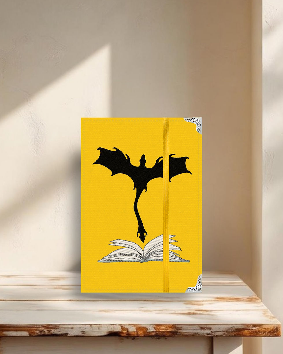 Miniatura: Capa Kindle em tecido estruturado dragão saindo do livro fundo amarelo ouro