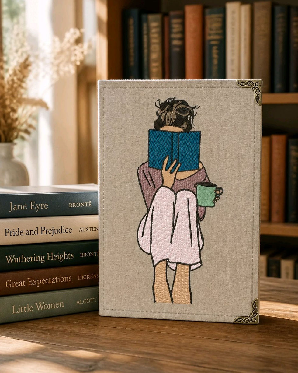 Capa Kindle Leitora com Xícara em Bege Cáqui, apoiada em livros clássicos sobre mesa de madeira.