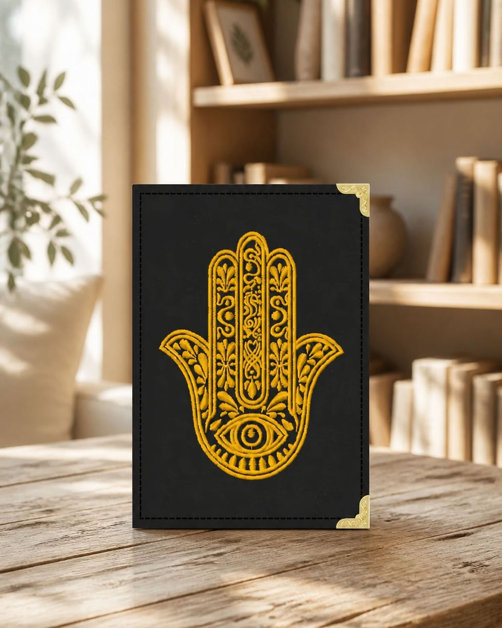 Capa Kindle Hamsa preto carvão com bordado eletrônico dourado da Mão de Hamsa, cantoneiras em metal