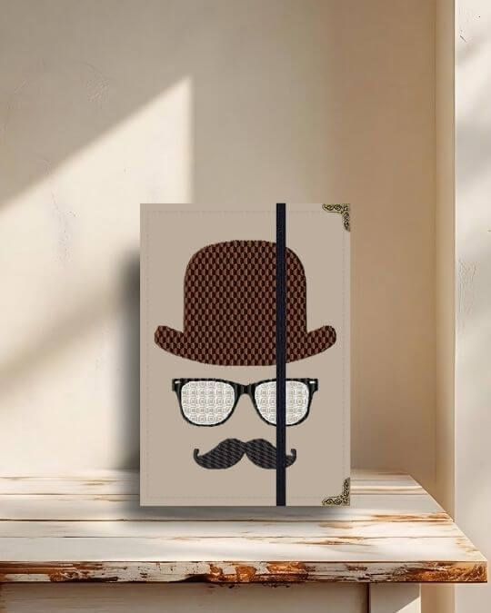 Capa Kindle cáqui, representação Walter, bordado chapéu, óculos e bigode