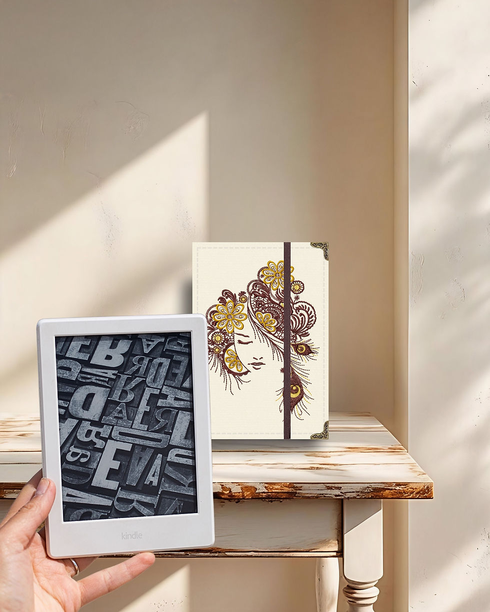 Capa Kindle Mulher Floral em pé ao lado de um Kindle, no formato clássico de livro