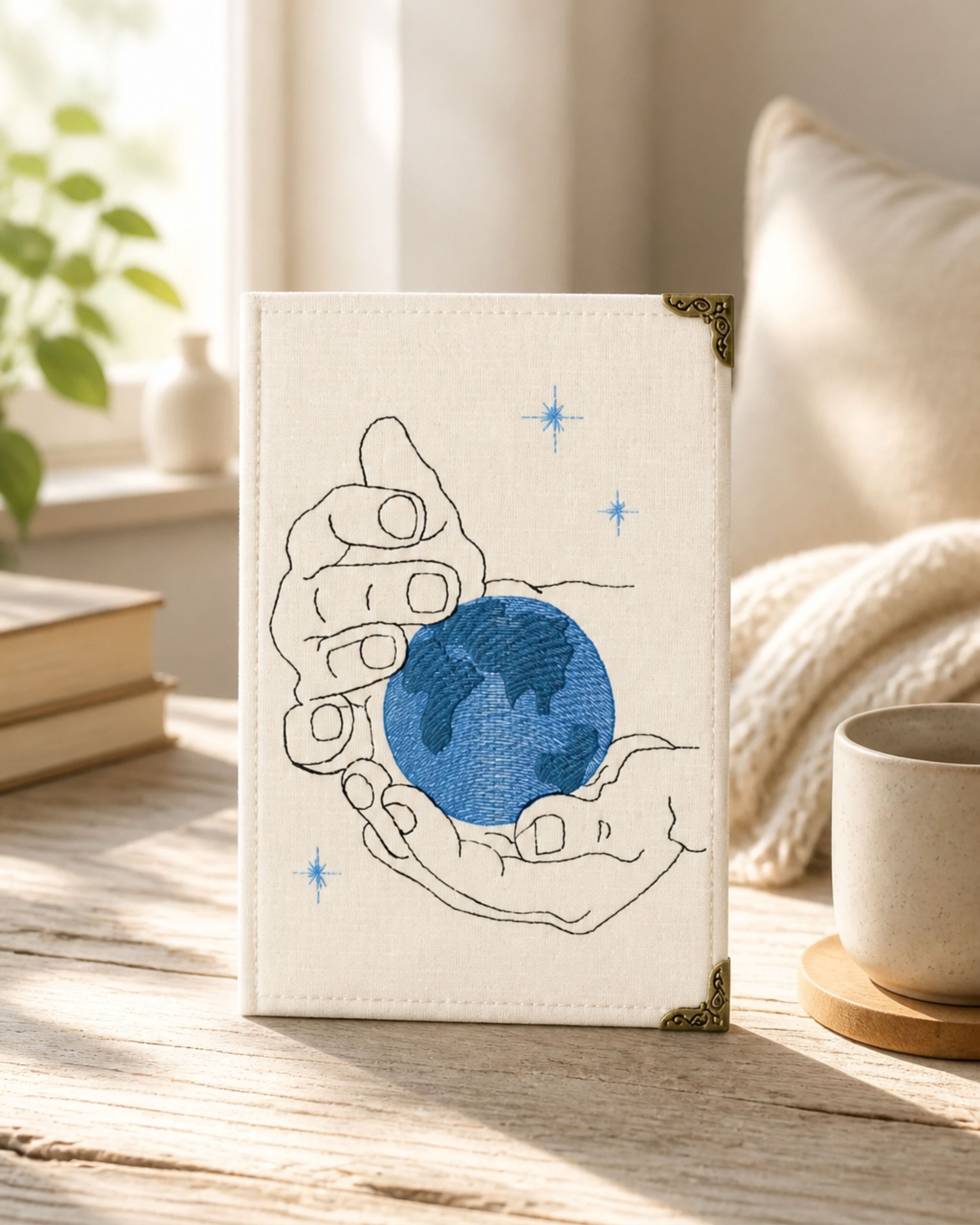 Capa Kindle Mão Mundo cor palha, bordado eletrônico de mãos segurando o planeta Terra, tecido 100% algodão.