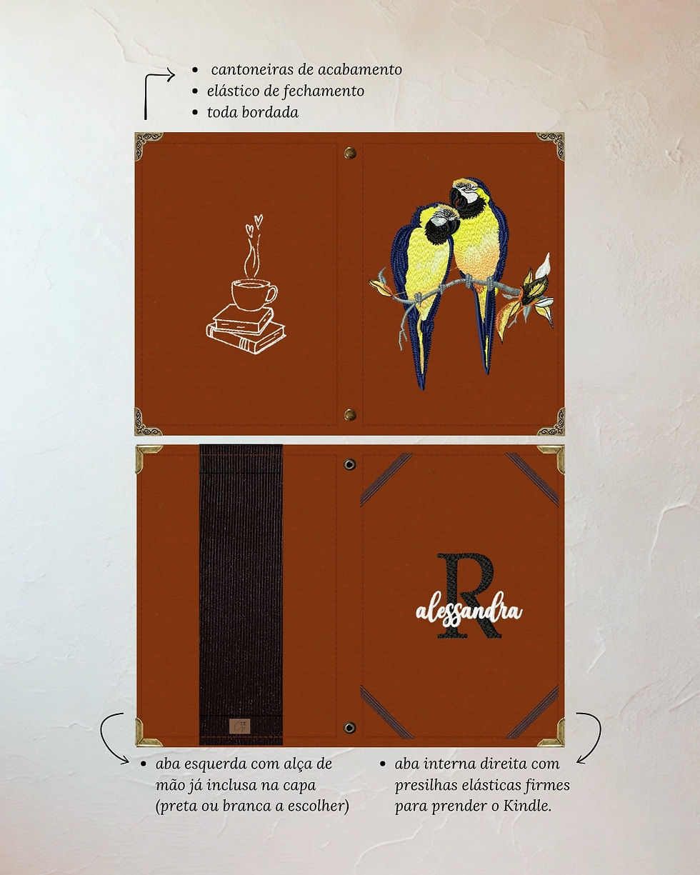 Miniatura: Capa para Kindle em tecido estruturado com bordado de araras amarelas.