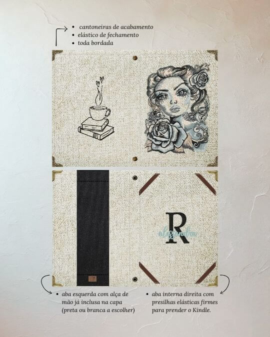 Miniatura: Capa para Kindle em tecido off-white com bordado temático da deusa Perséfone e acabamento artesanal.