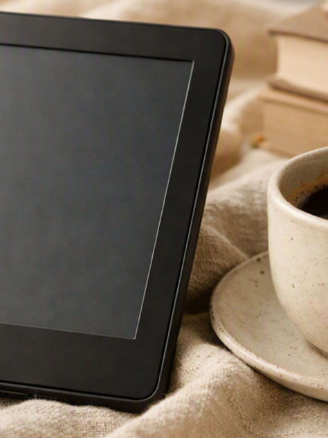 E-reader com tela apagada sobre manta de algodão bege, ao lado de xícara de café e livros empilhados