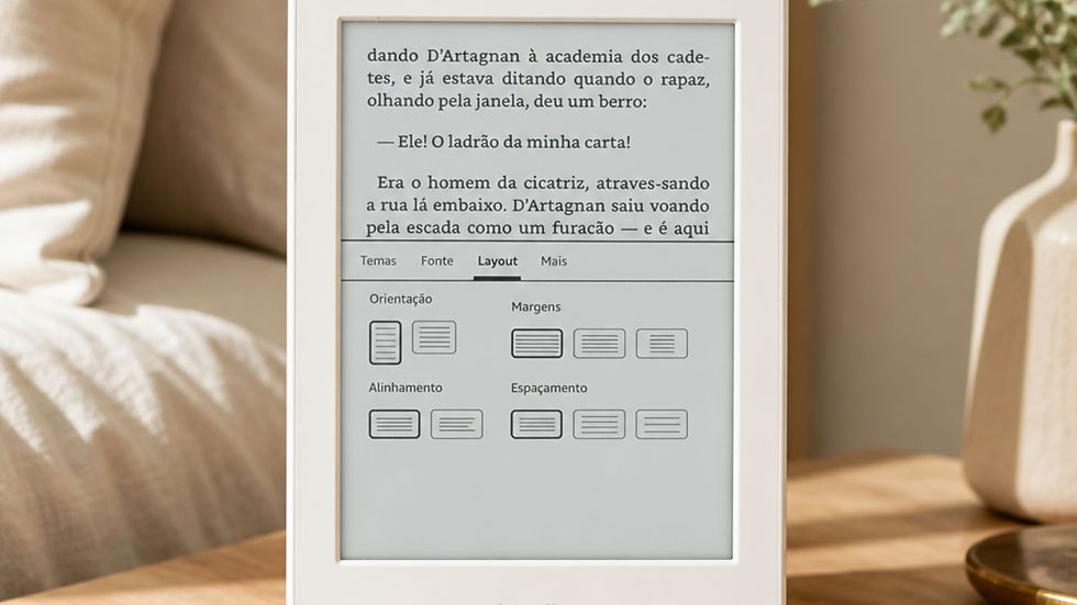 Tela do Kindle com a aba Layout aberta, mostrando os controles de Orientação, Margens, Alinhamento e Espaçamento.