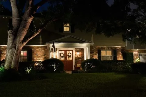 A Softly illuminated front porch of an Atlanta home. 