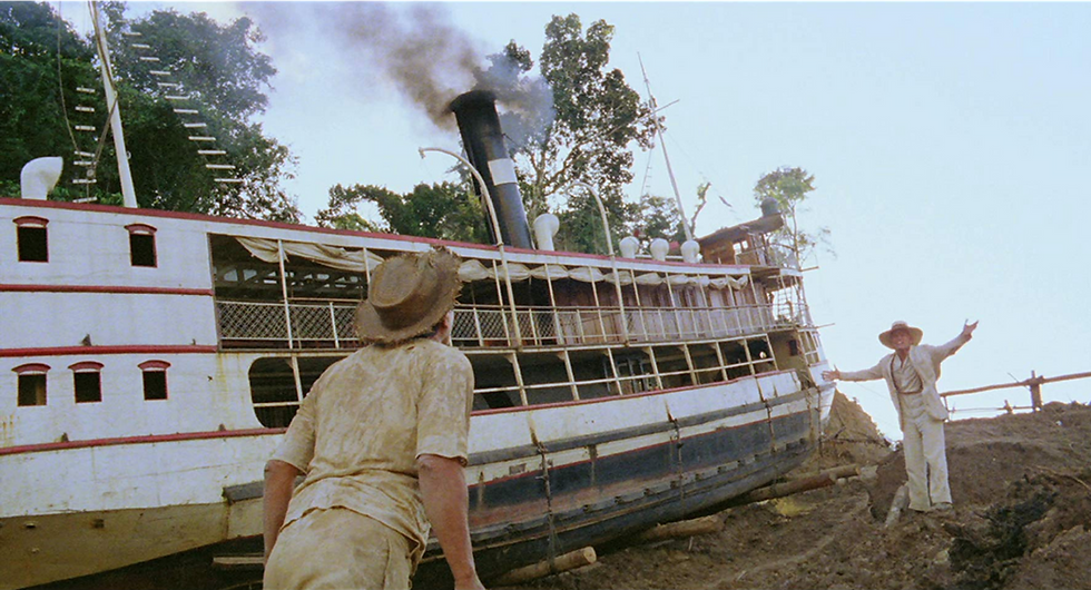 Klaus Kinski as Brian Sweeney Fitzgerald (aka Fitzcarraldo) aside the SS Molly Aida (Fitzcarraldo, 1982, dir. Werner Herzog)