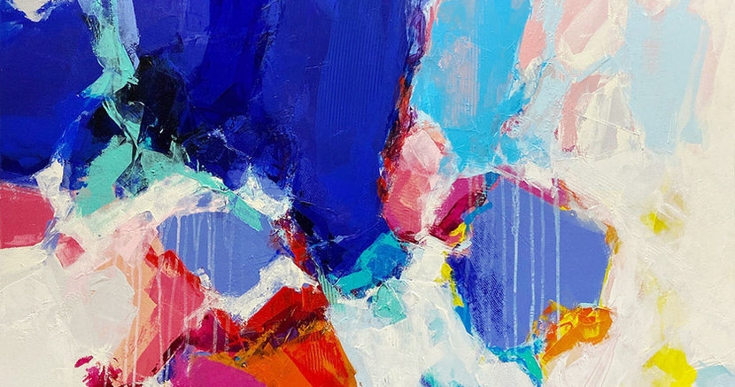 Textured abstract artwork with heavy modelling paste and weathered surfaces in blue tones, resembling rocks with hidden layers and gestural markings.