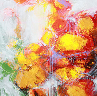 Vibrant abstract painting symbolizing stones in bright orange tones.
