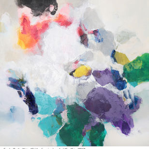 Abstract art of colorful shapes, and touches of pink tones and yellow, Smoke On the Water, acrylic on canvas.