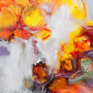 Abstract painting with vibrant orange, yellow, and red colors, expressive brushstrokes.