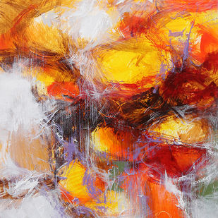 Energetic abstract painting with blending vibrant yellow, orange, and red hues.