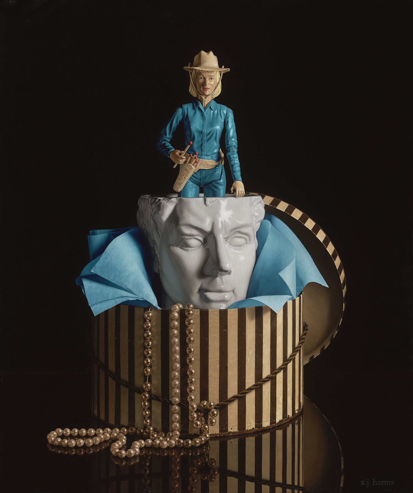 "Undeterred by what came before", oil painting by Sharon Harms, 36X30 inches, hyperrealistic still life with Jane West cowgirl doll, hatbox, pearls, and a bust of a head vase