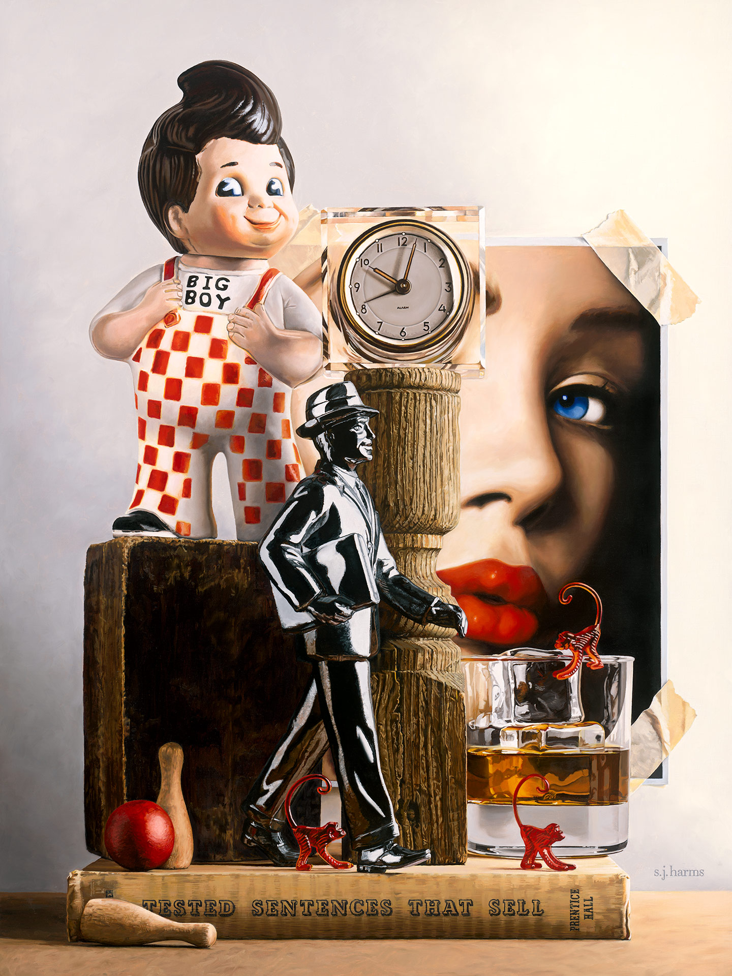 "Everyone Thought Frank Was A Company Man", oil painting by Sharon Harms, 40X30 inches, hyperrealistic still life with 1960s ad motif
