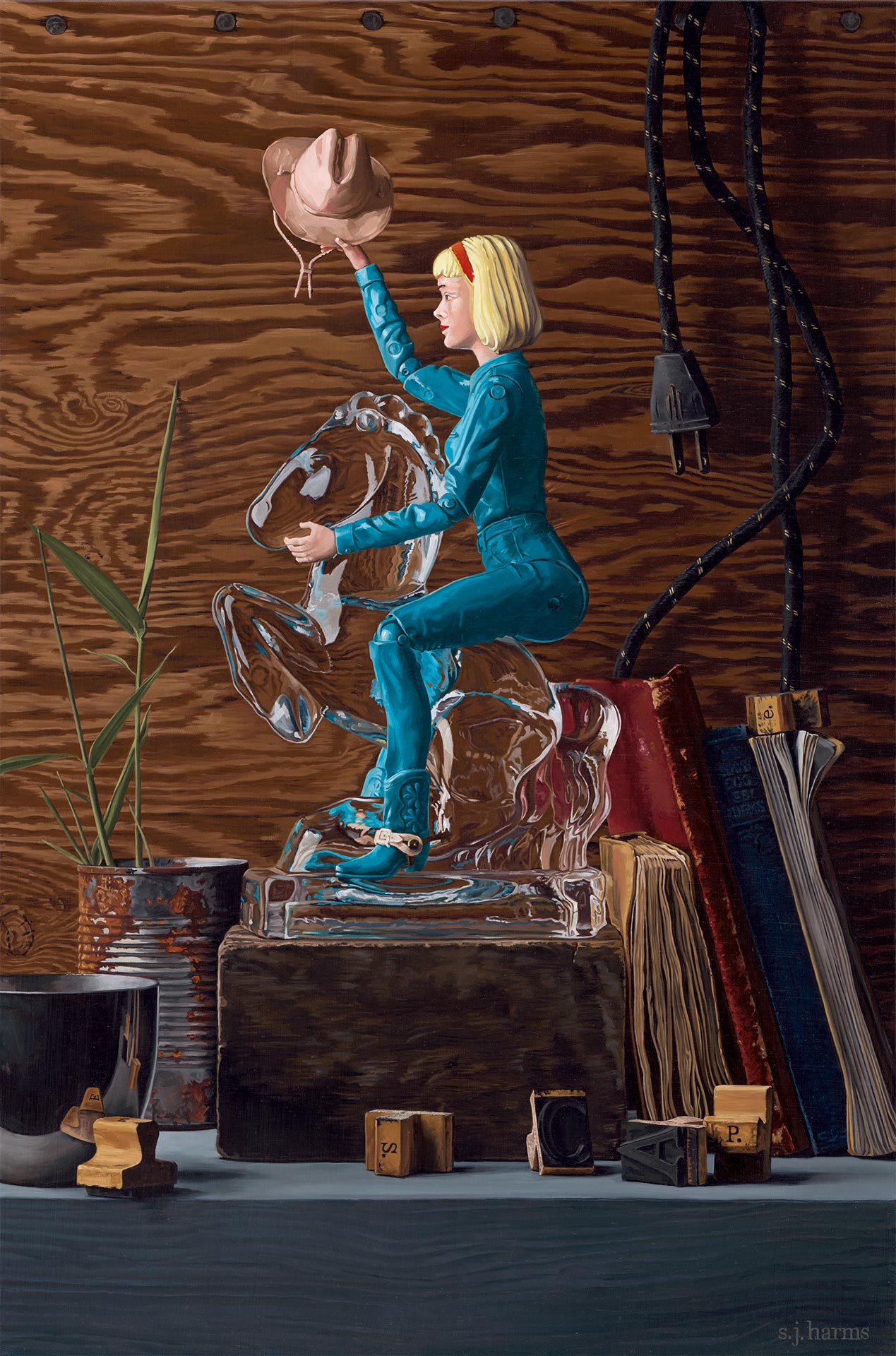"Escape", oil painting by Sharon Harms, 30X20 inches, hyperrealistic still life of cowgirl doll riding glass horse, wood tones
