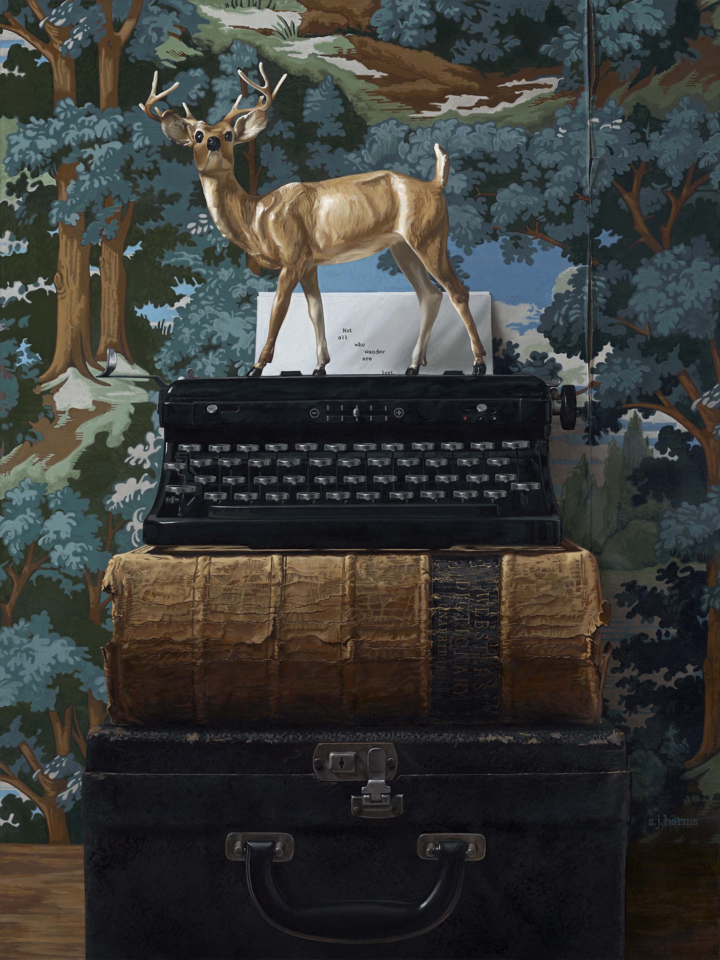 "In Search of the Muse", oil painting by Sharon Harms, 40X30 inches, hyperrealistic still life with typewriter and deer figurine