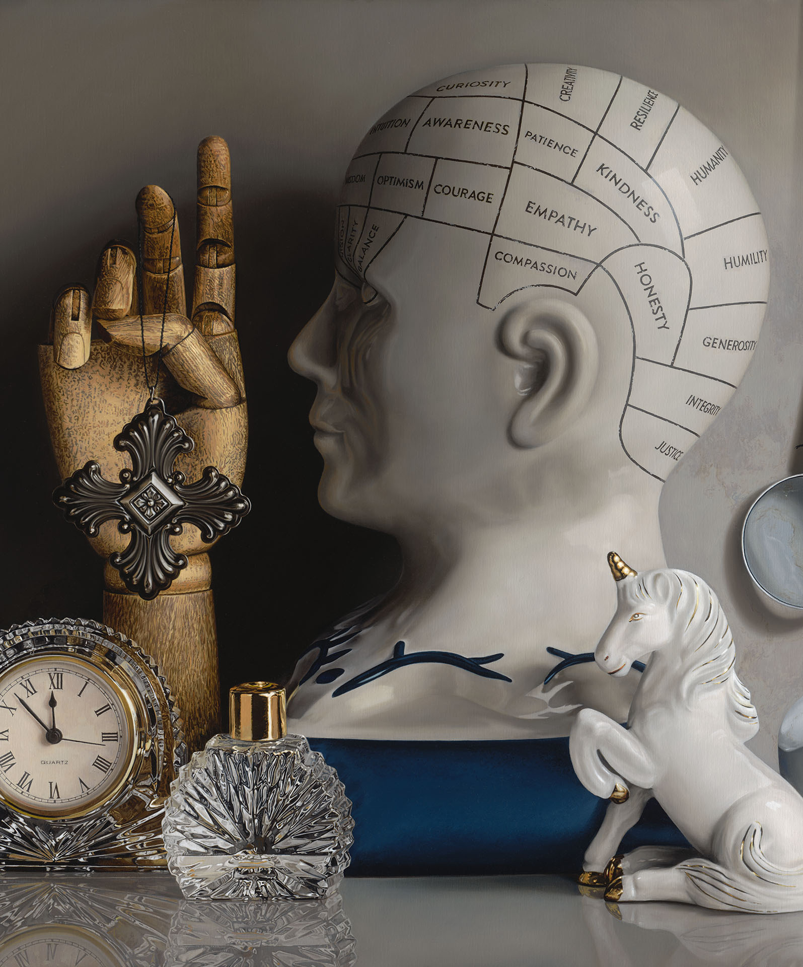 "The quest", oil painting by Sharon Harms, 60X40 inches, hyperrealistic still life of ceramic, glass and crystal objects