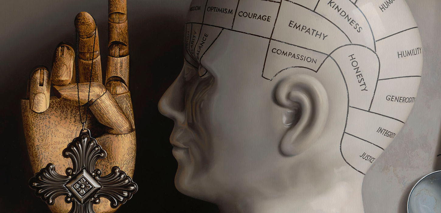 The quest, oil painting by Sharon Harms, 60X40 inches, hyperrealistic still life of ceramic, glass and crystal objects