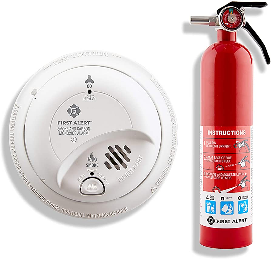 Red Fire Extinguisher and a residential smoke detecter. 