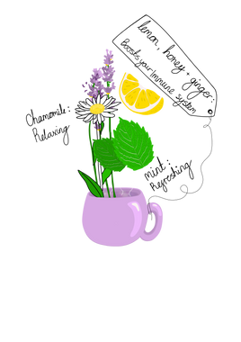 Herbal Tea illustration for the NHS Self-help guide co-produced with young people, designed and illustrated by Lizzie Reid