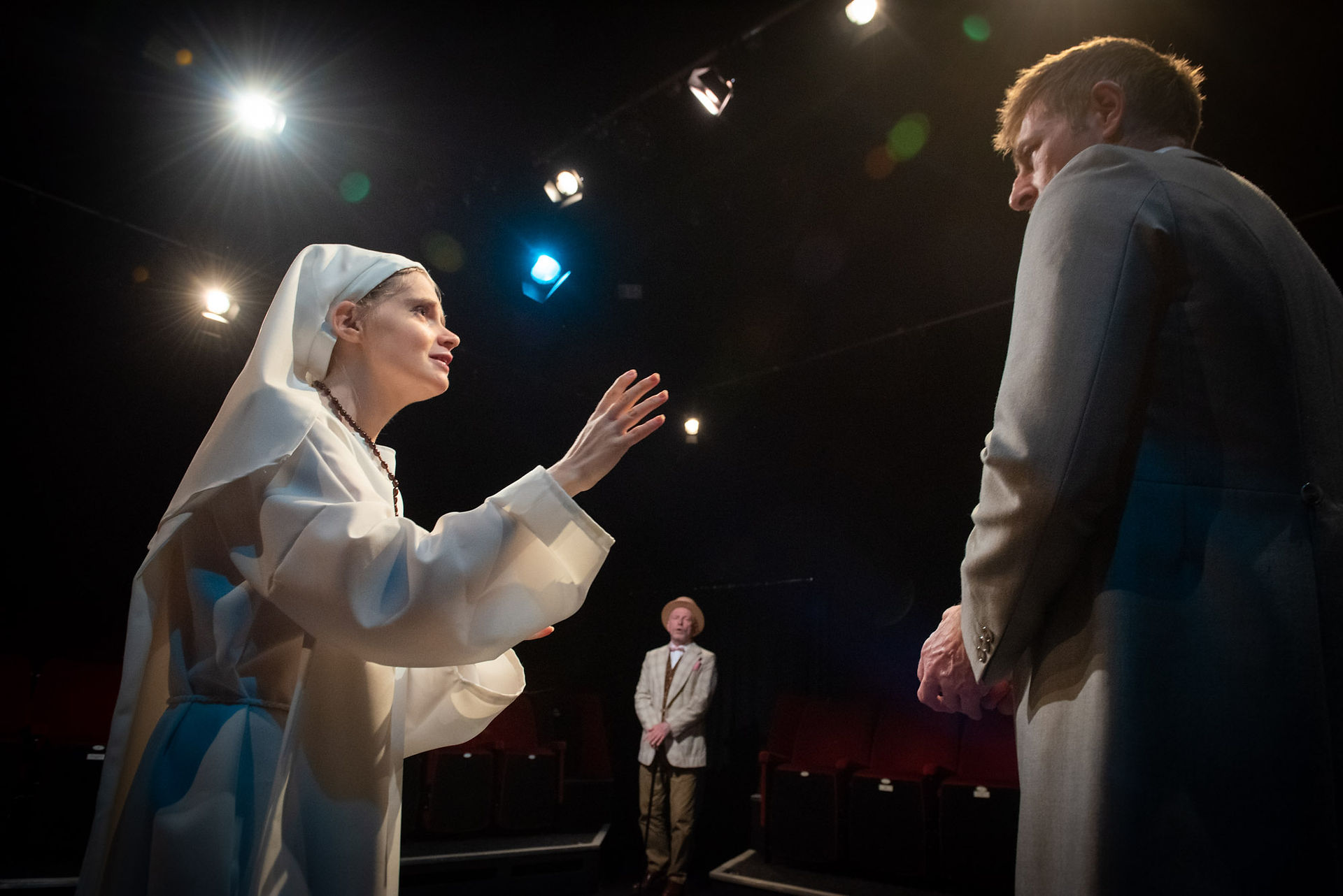 Bolton Little Theatre stage rehearsals of William Shakespeare play Measure for Measure featuring Catherine Cropper as Isabella