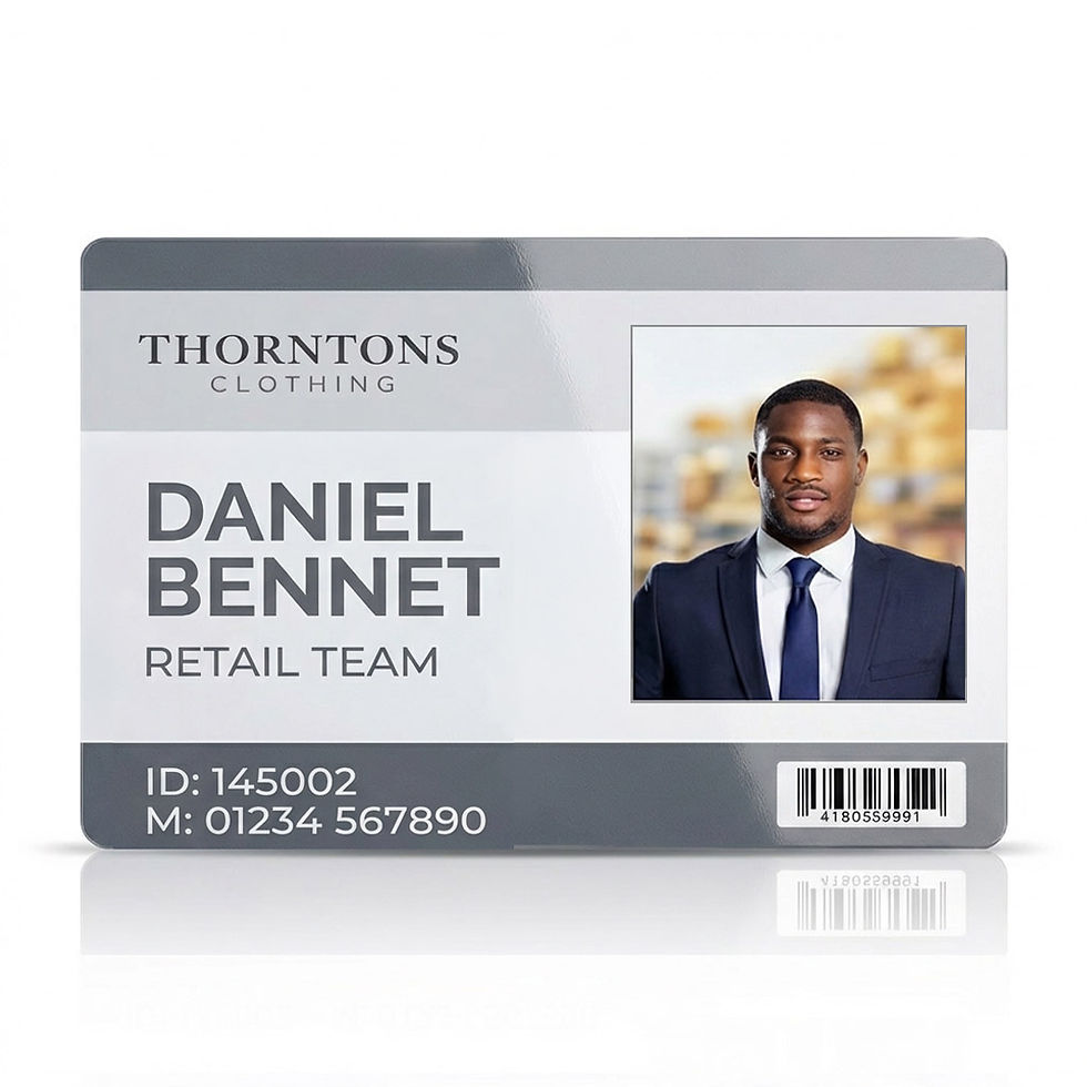 Landscape business staff ID card with photo, name and job title on a grey corporate design, shown with lanyard and h