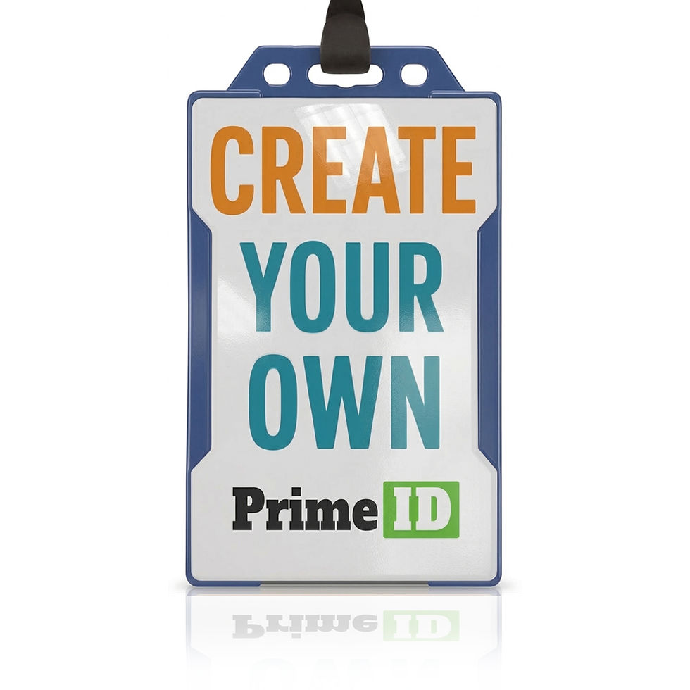 Custom personalised ID card with rainbow lanyard and blue holder - Prime ID UK staff ID badge