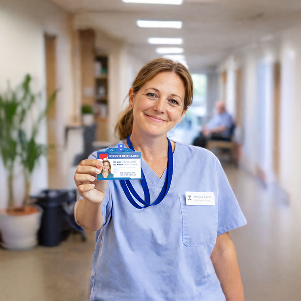 Thumbnail: A smiling female professional carer in a care home wearing blue scrubs, holds her carer ID card to camera