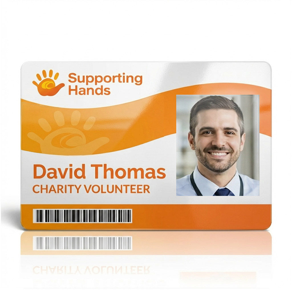 Landscape orange wave ID card design sample for charity volunteer workers