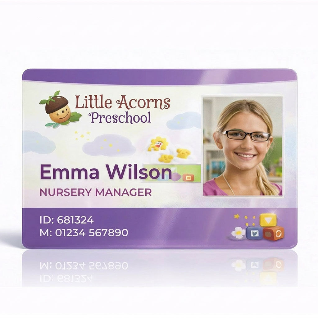 Landscape Nursery staff ID card with photo, name and job title, shown with lanyard for teachers and school staff