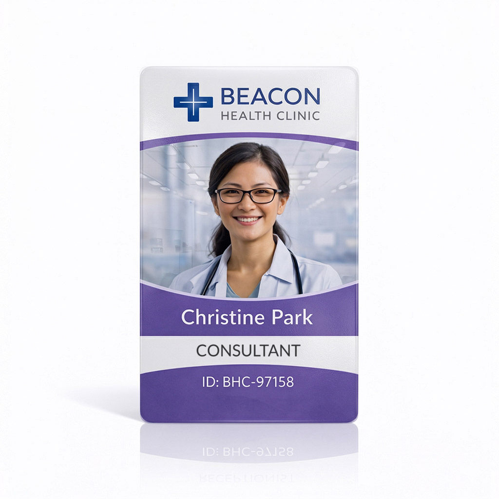 Portrait purple wave ID card design sample for healthcare workers