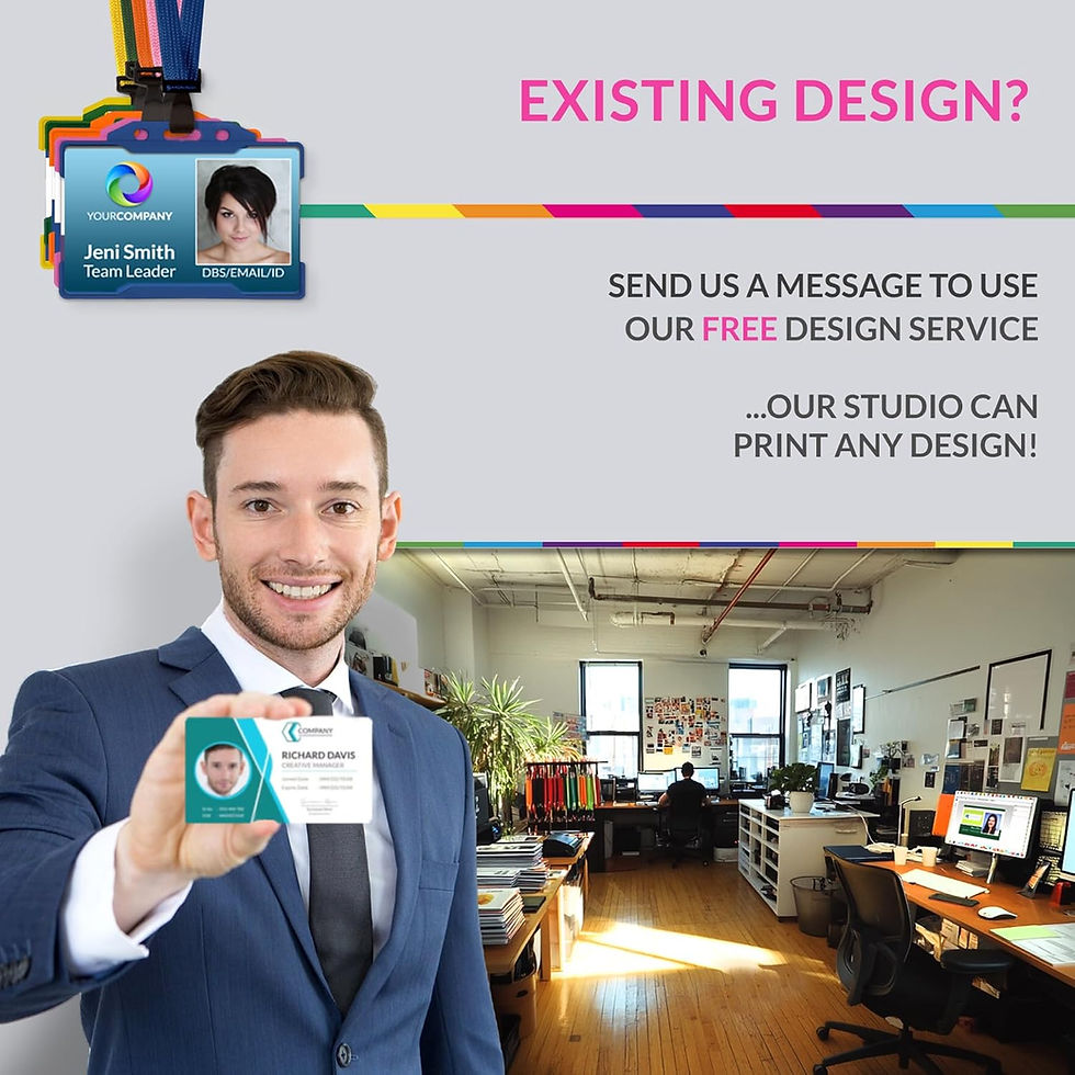 Thumbnail: Man holding custom printed company ID card in office - promoting free design service for existing designs