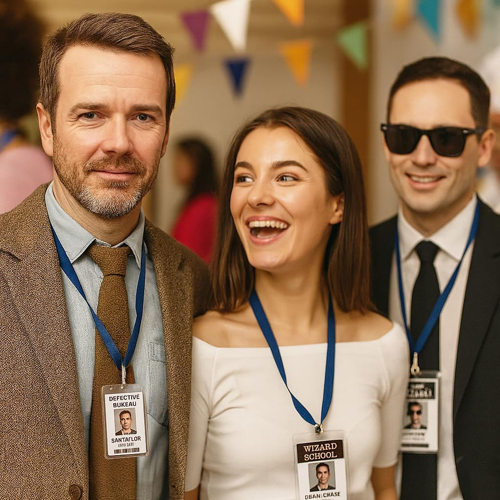 Thumbnail: Three people at a fancy dress party wearing novelty ID cards
