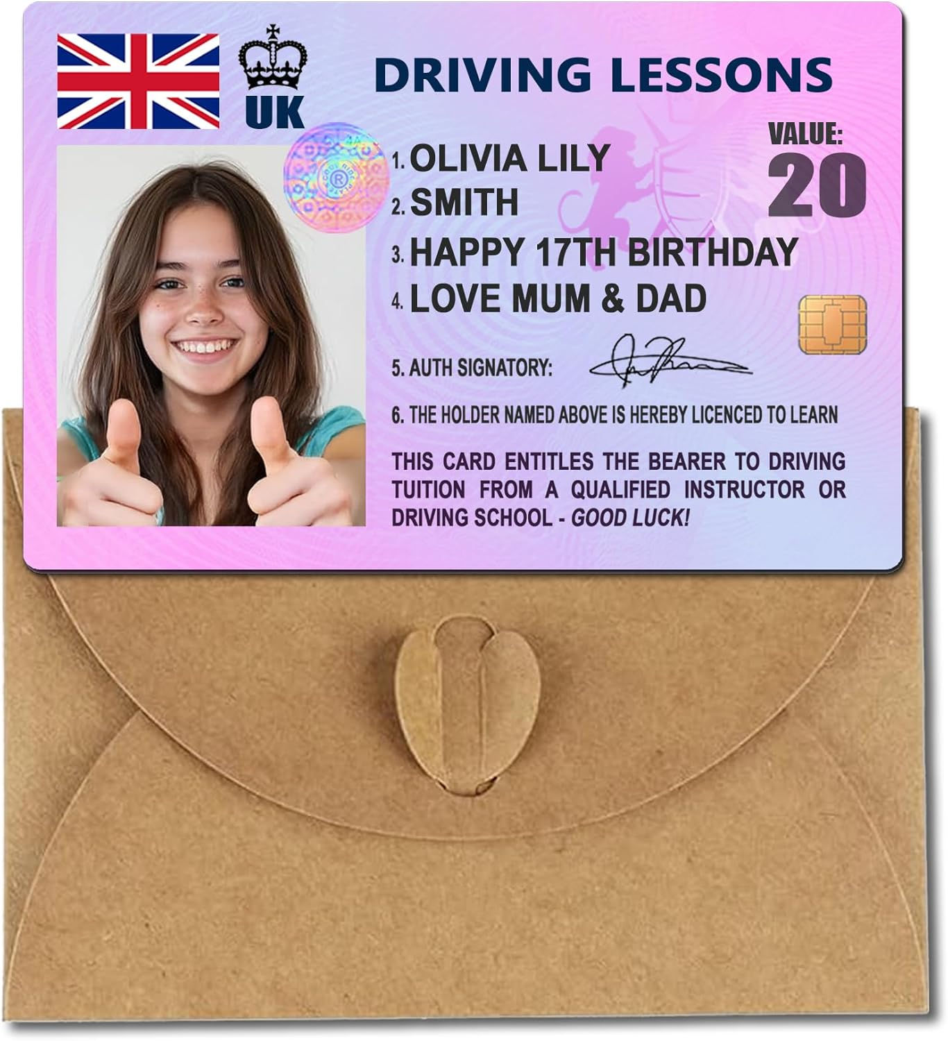 Driving lessons themed gifting card for 17th birthday with photo and name