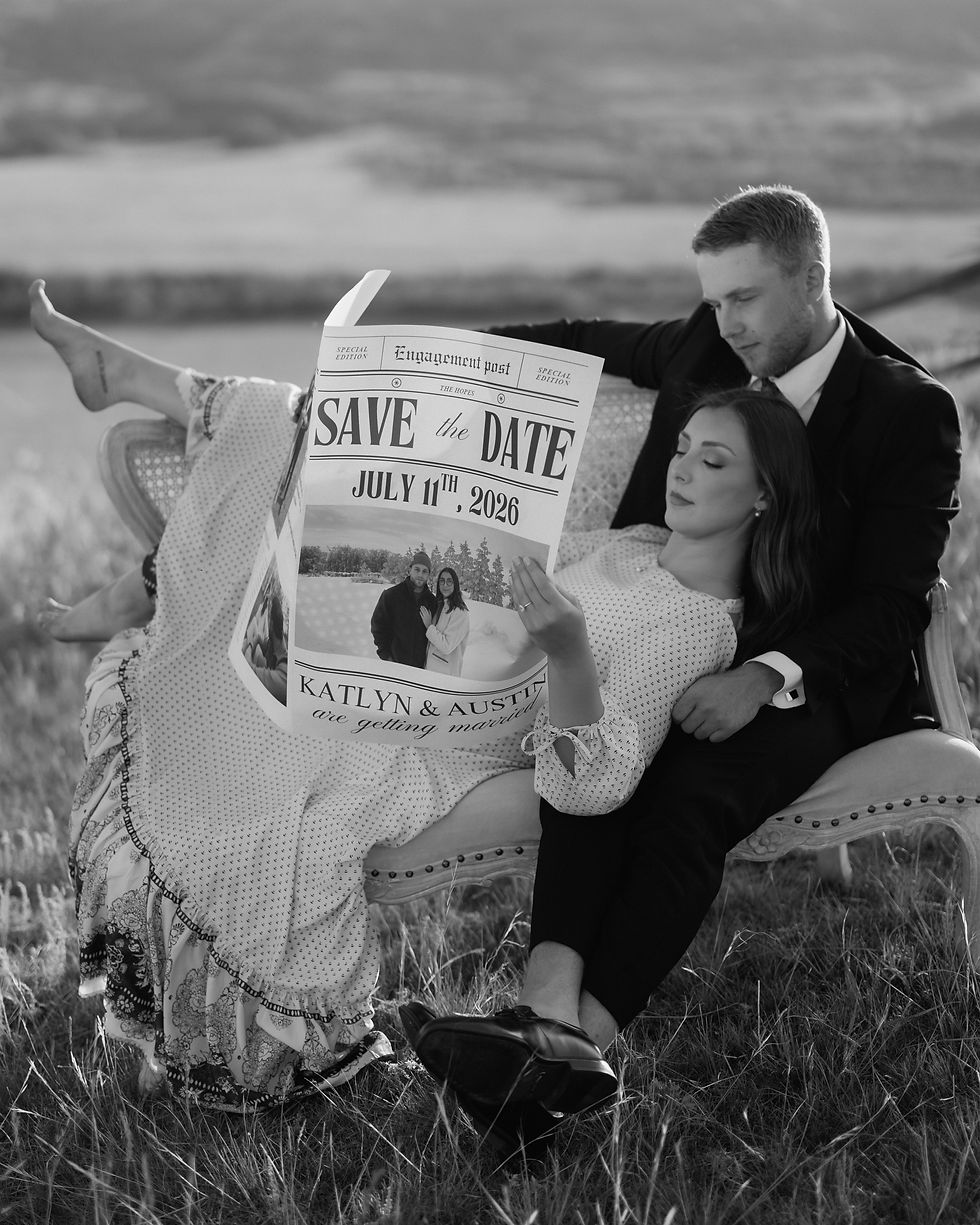 Get inspired by this golden-hour countryside engagement session with vintage flair, personalized props, and romantic aesthetics. Captured by Lloydminster photographer Sarah Thorpe.